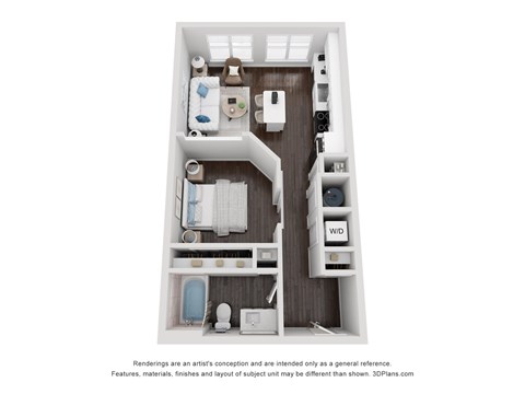 A 3D floor plan of a small apartment with a kitchen, living room, and bathroom.